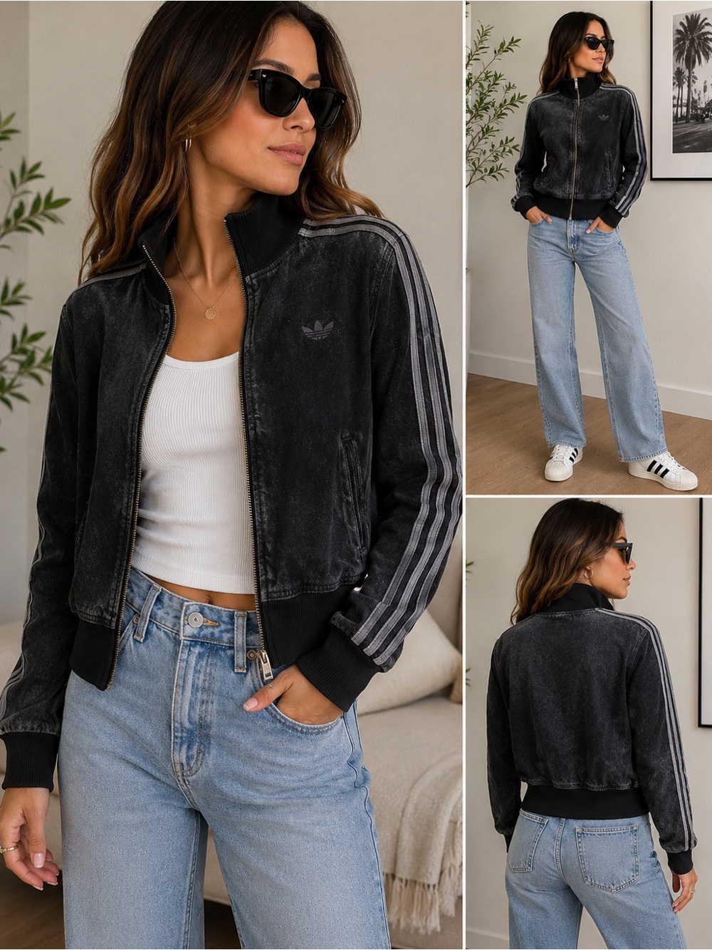 Adidas Originals Black Washed Denim Look Track Jacket 3 Stripe Size M